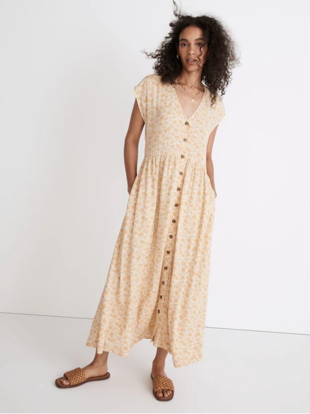 Madewell Women’s Large Button-Front French Vanilla Piccola Floral Midi Dress